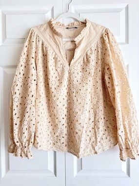 Pretty Garden Women’s Eyelet Peasant Elegant Blouse in Cream with Lining size XL